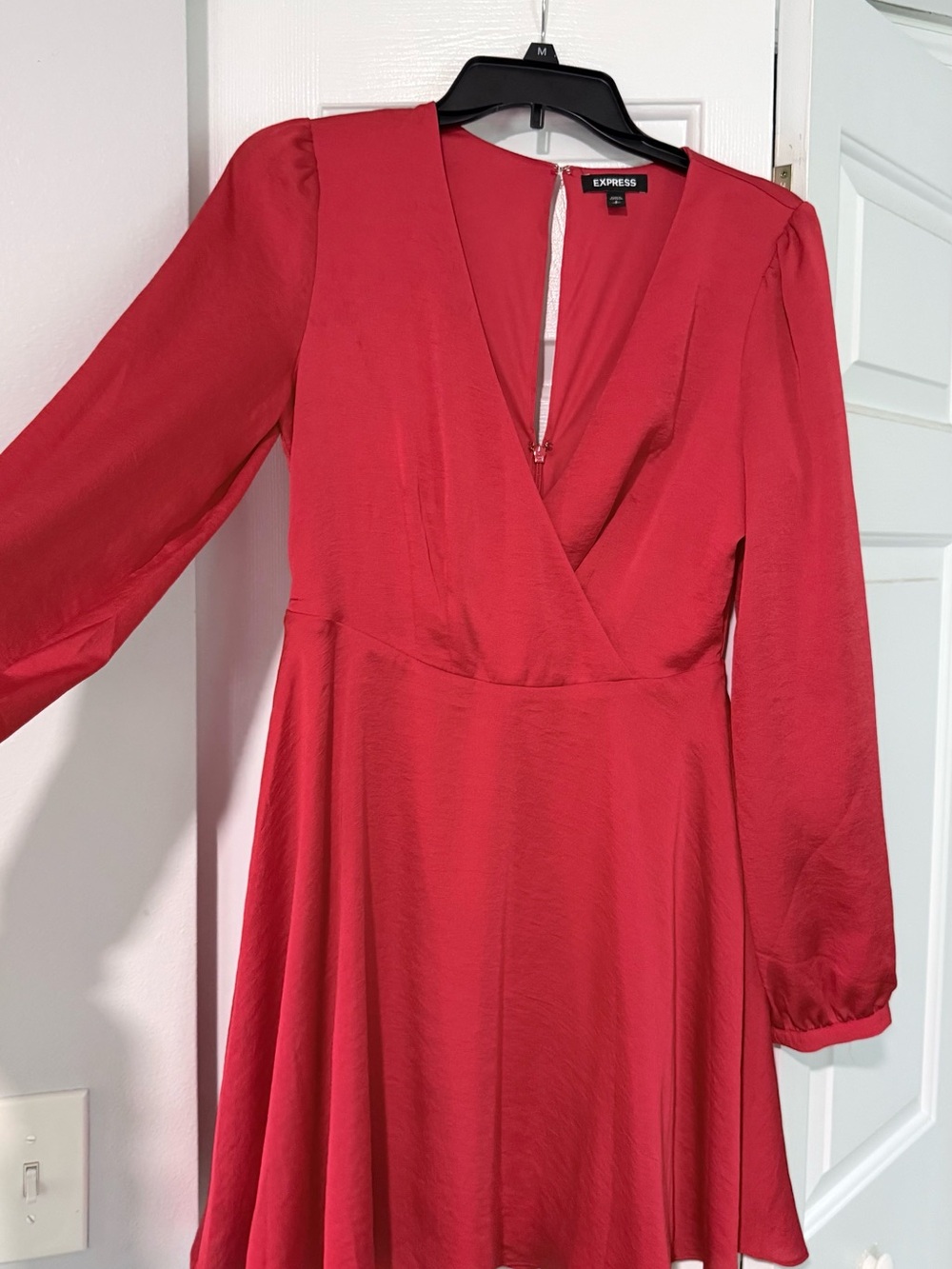 Express Red Long-Sleeve Satin V-Neck A-Line Dress with Zip Back